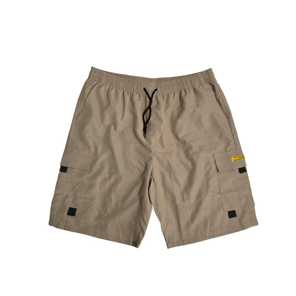 Mens Khaki Cargo Shorts Elastic Drawstring Waist Utility Techwear Streetwear Tan